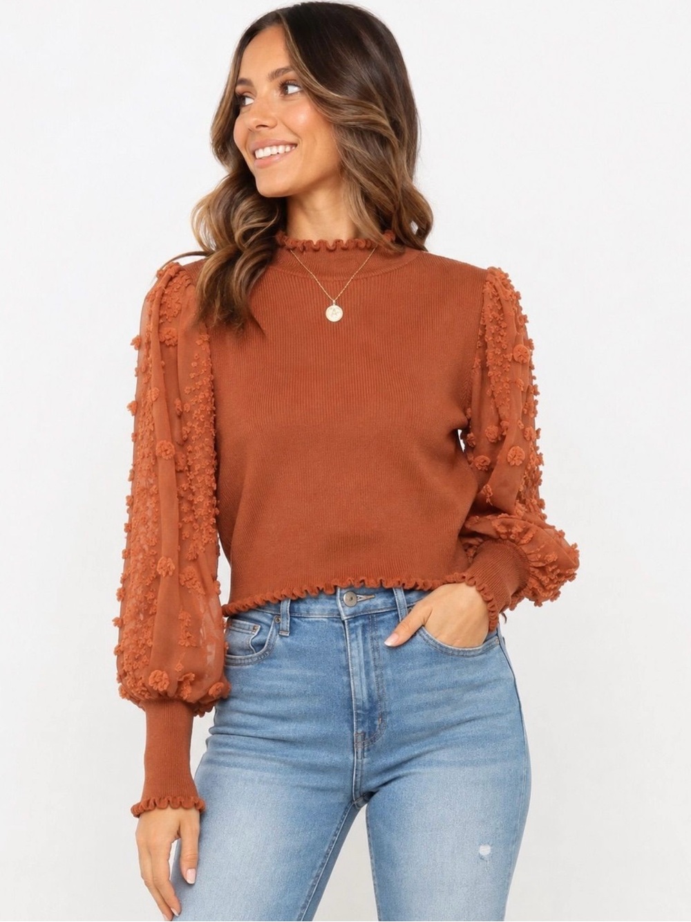 Almost Famous Rust Pom-Pom Balloon Sleeve Sweater Top